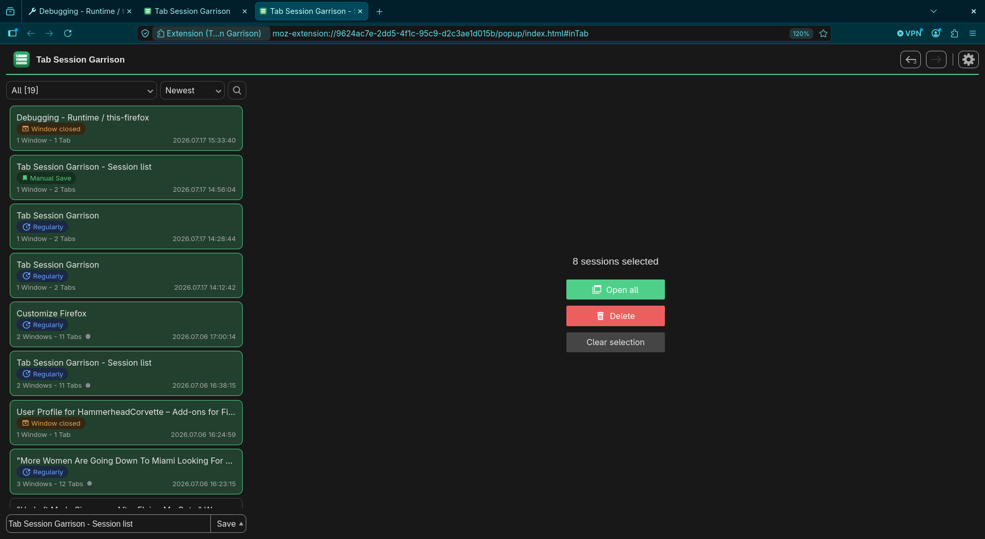 Tab Session Garrison with nine sessions selected and the Open all / Delete summary panel