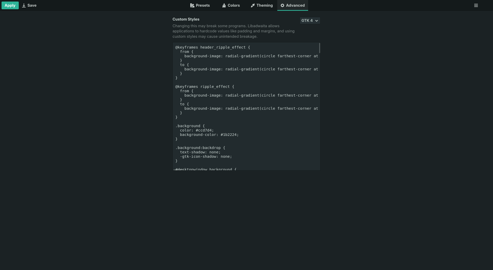 The Advanced tab with a custom CSS editor for GTK 4