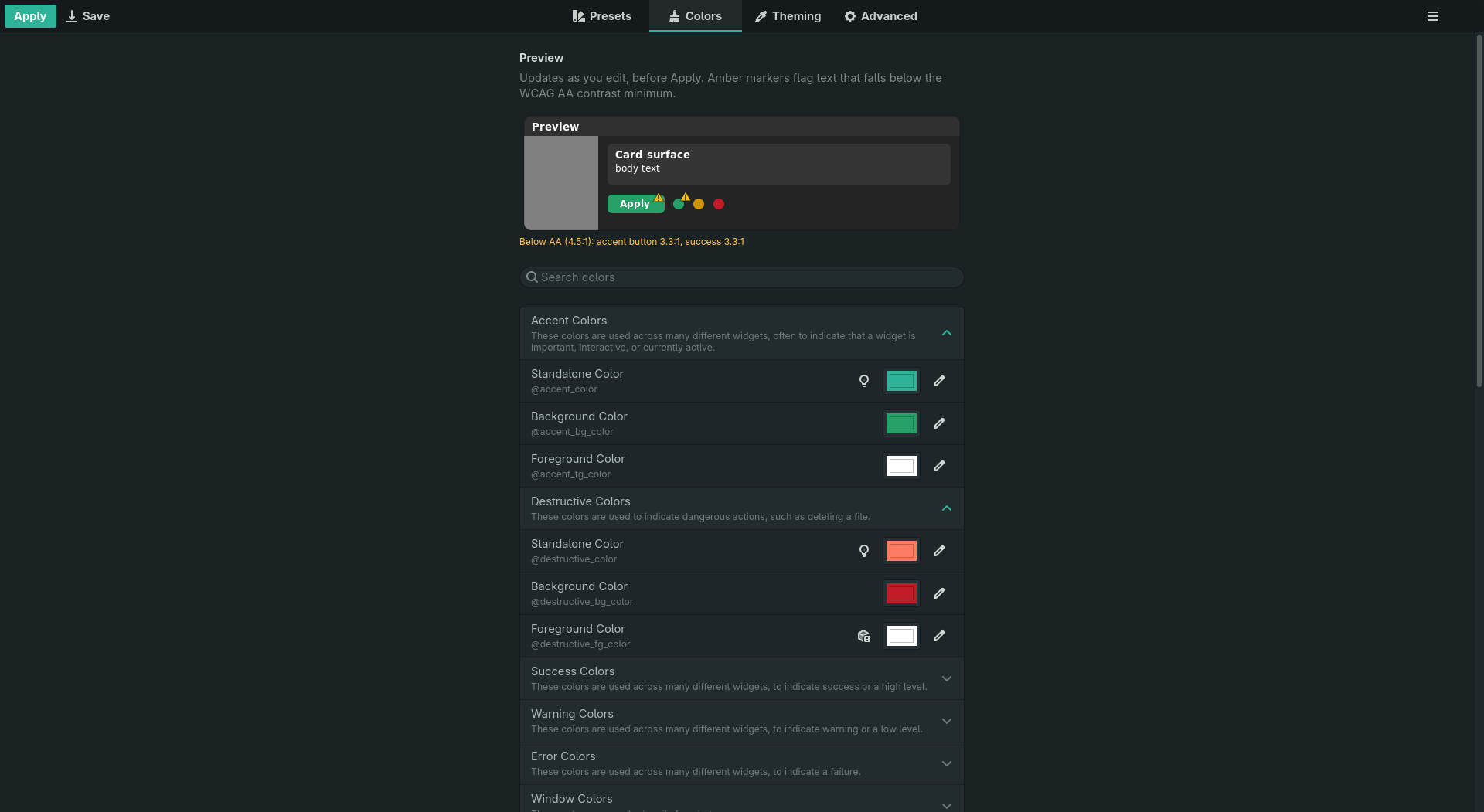 The Colors tab with a search field and collapsible categories of named Adwaita colours
