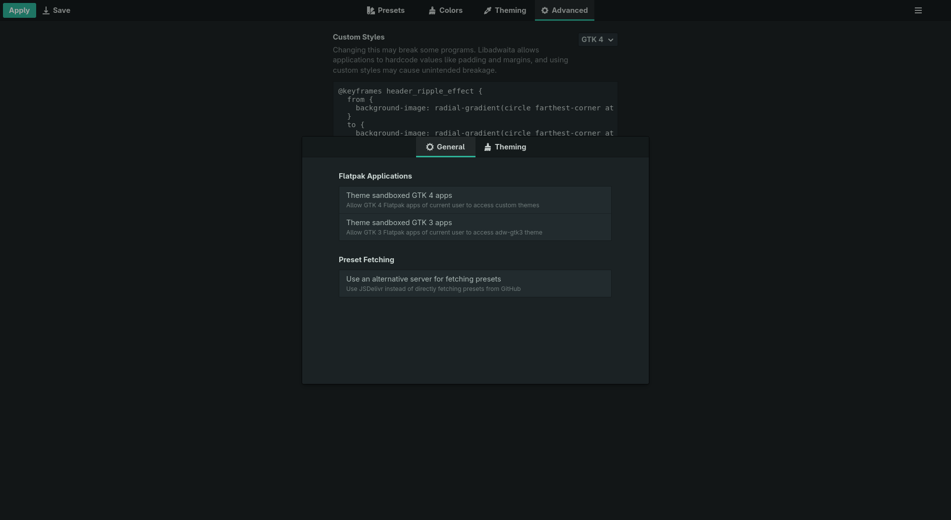The Preferences dialog showing Flatpak application theming options