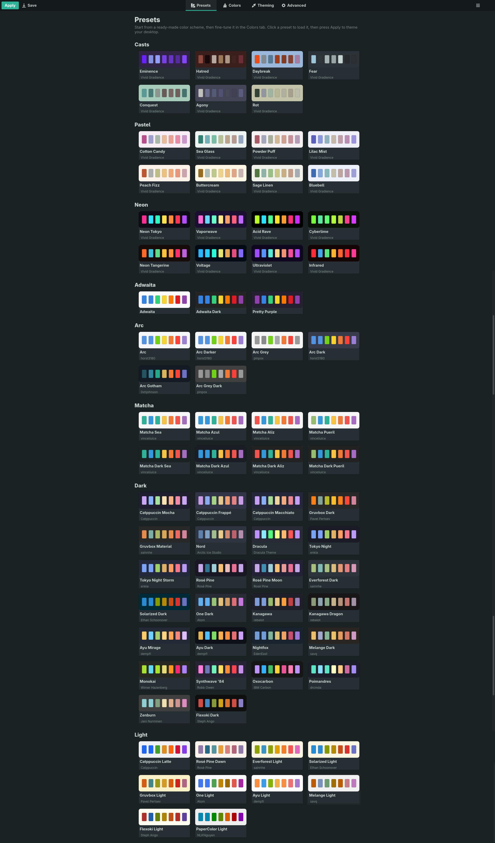 The Presets gallery, showing colour-scheme cards grouped into family sections — Casts, Pastel, Neon, Adwaita, Arc, Matcha, Dark and Light