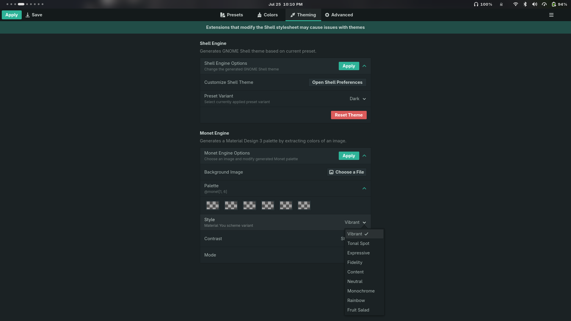 The Theming tab showing the Shell Engine and Monet Engine option groups
