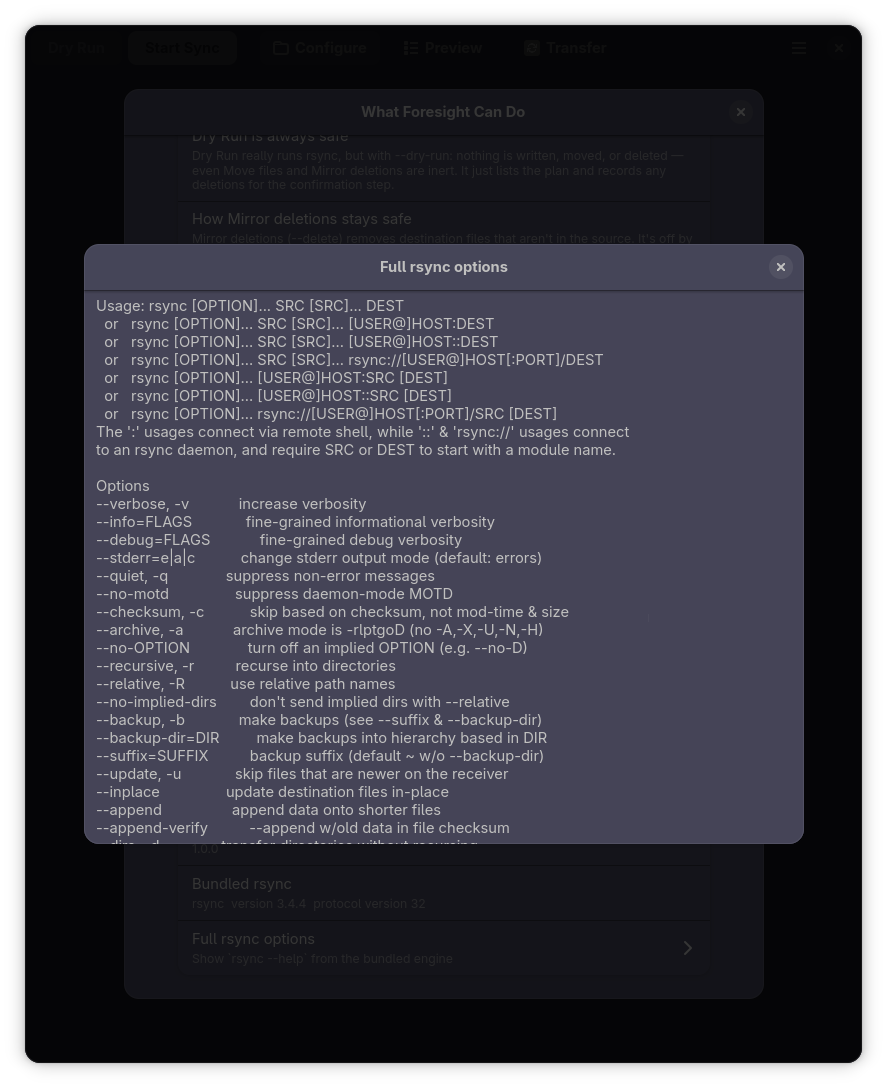 Bundled rsync help output