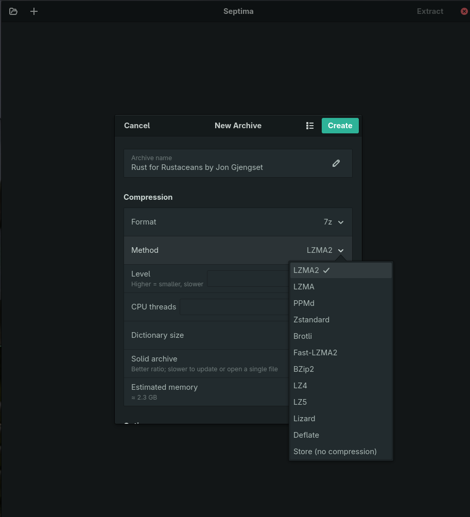 Septima's Add-to-Archive dialog with the modern-codec method menu open